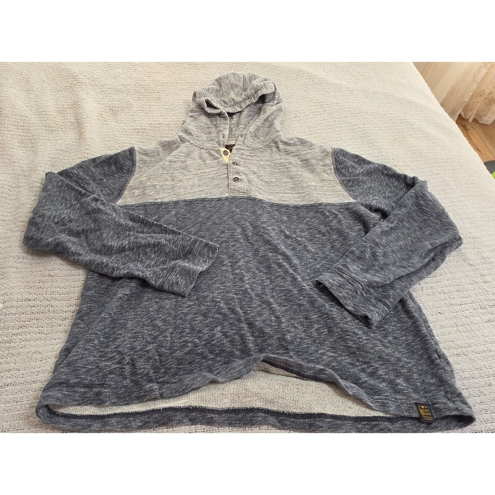 Lucky Brand Mens Henley Hoodie Long Sleeve Blue Grey Colorblock Pullover L